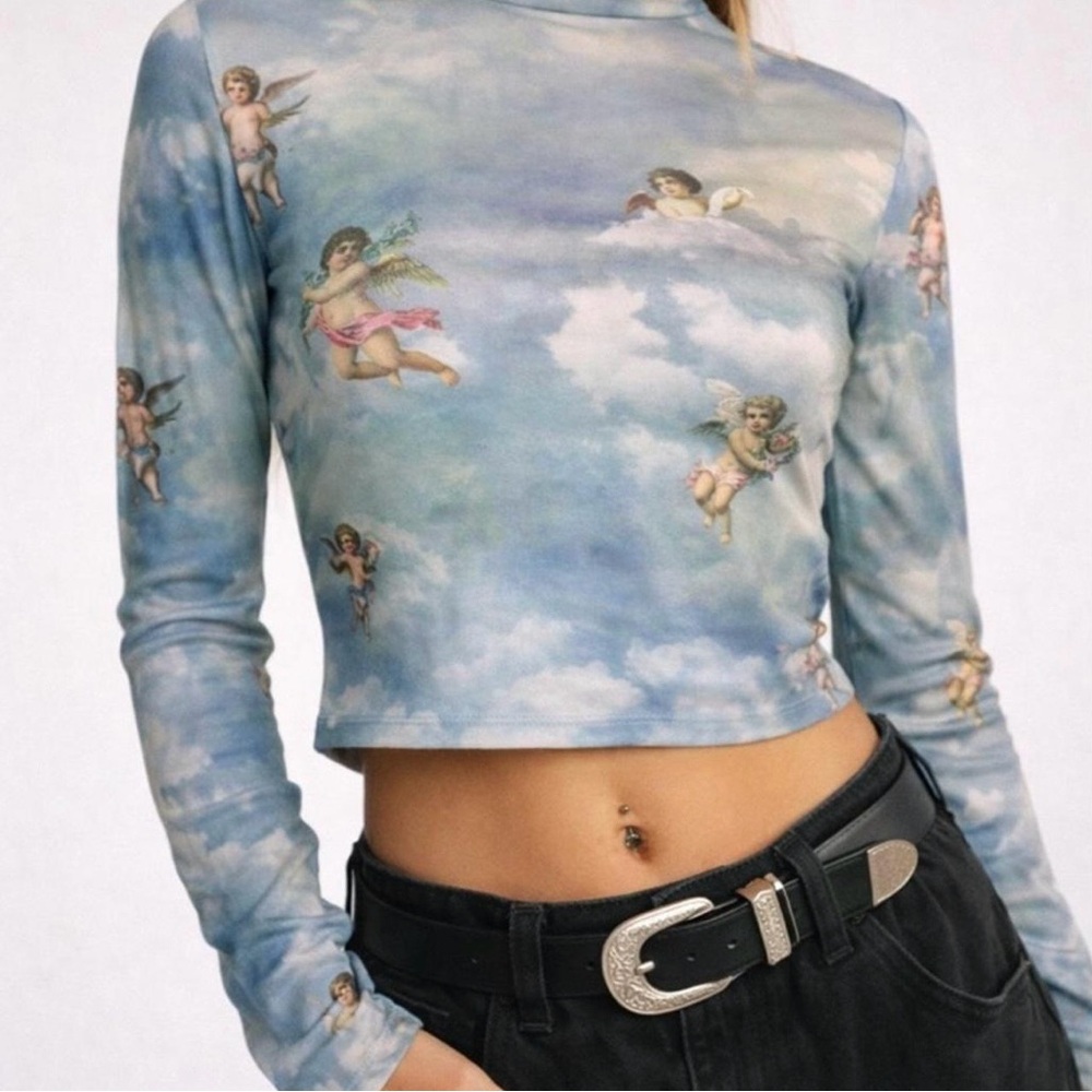 Motel Rocks Sky Blue Angel Print Long-Sleeve Crop Top